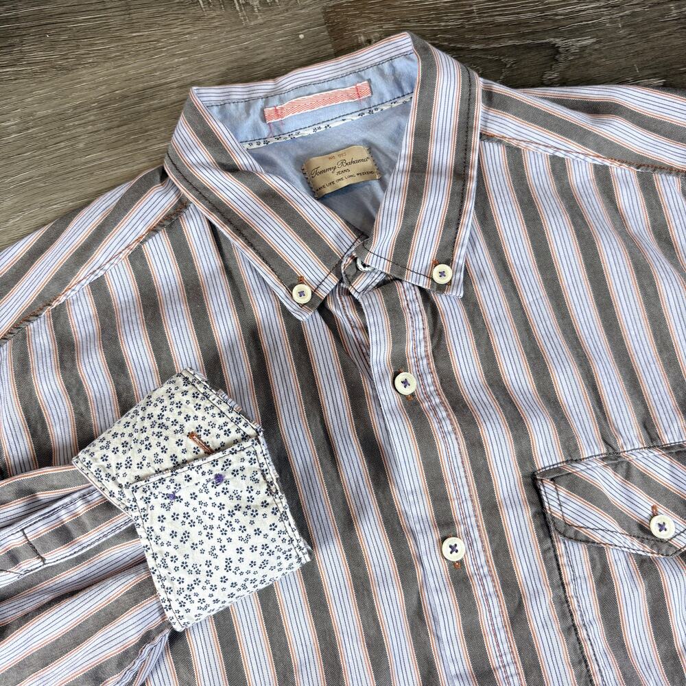 Tommy Bahama Jeans Long Sleeve Blue Gray Striped Button Down Mens Shirt Sz Large